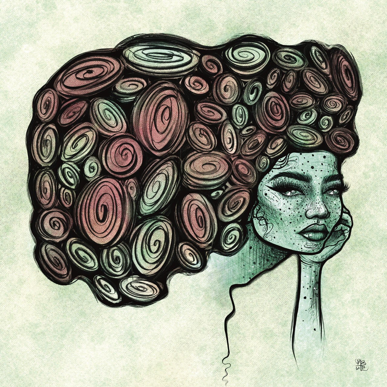 In Bloom Portrait illustration of a woman with massive rose-like spiral curls in ink and watercolor by Lor Bégent