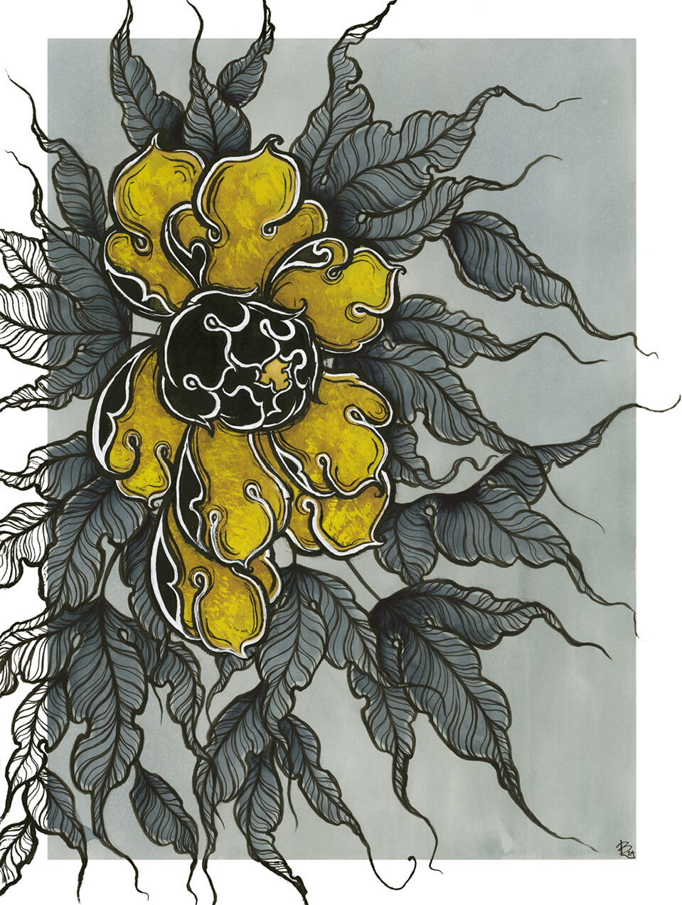 Irezumi-inspired golden yellow peony with Payne's grey leaves, painted in ink, watercolor, gouache, and gold mica by Lor BégentIrezumi-inspired golden yellow peony with Payne's grey leaves, painted in ink, watercolor, gouache, and gold mica by Lor Bégent