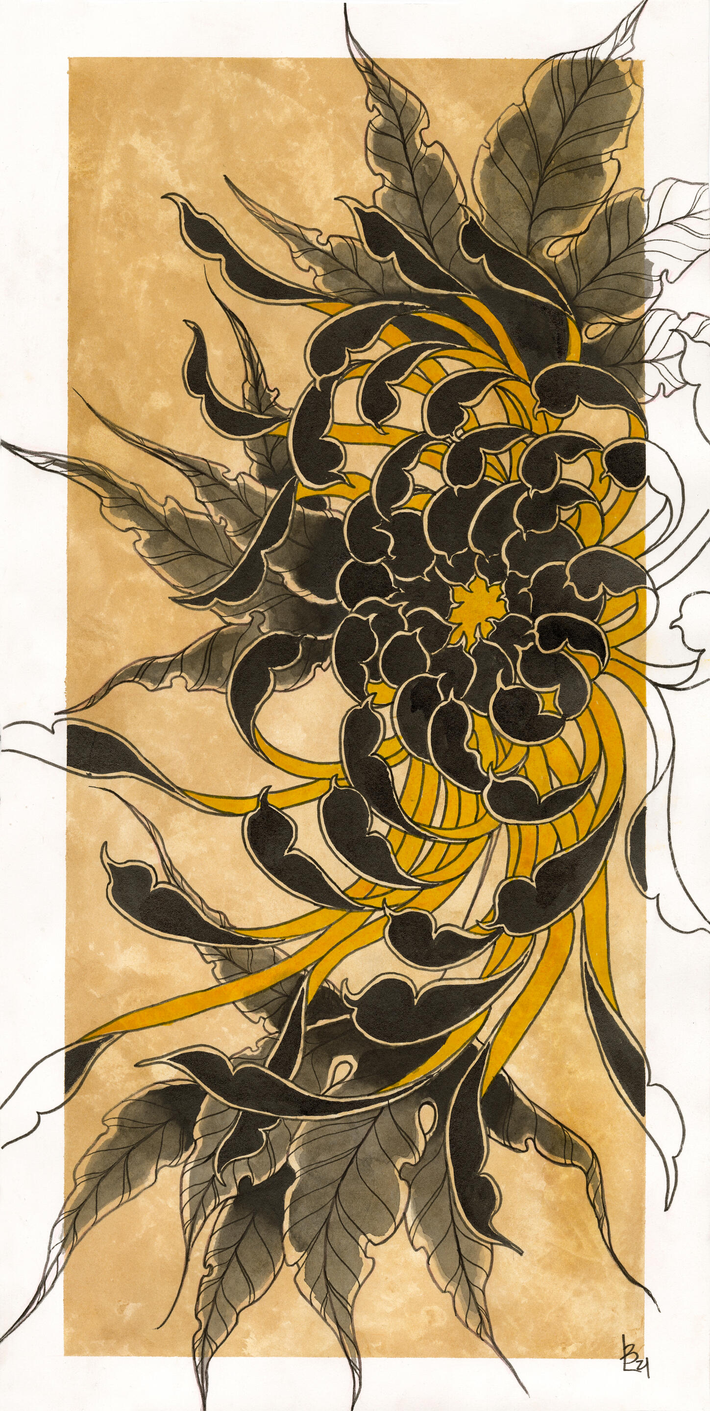 Black &amp; Golden Yellow Chrysanthemum with Black Leaves