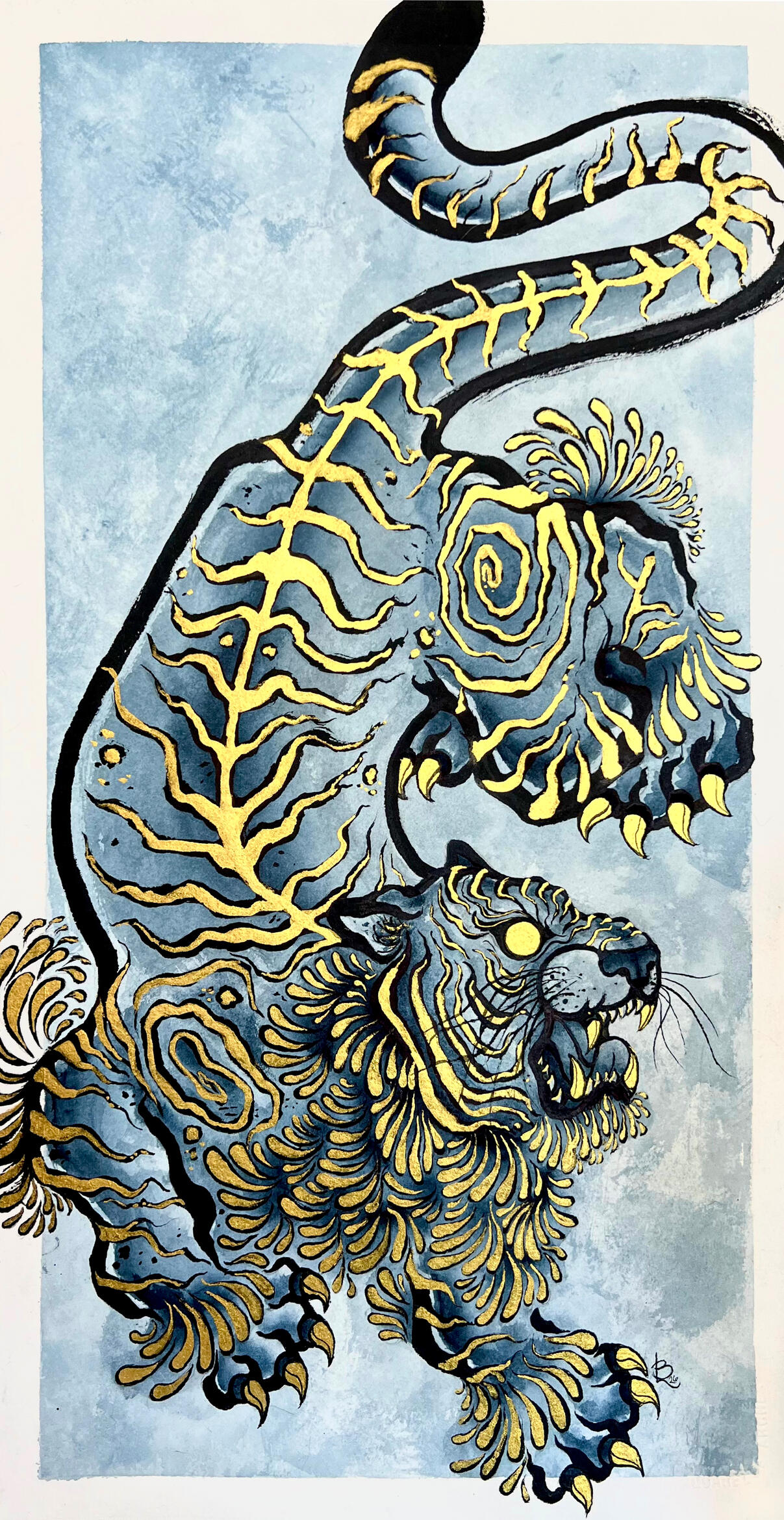 Irezumi-style prowling tiger in indigo ink with gold mica veining, inspired by kintsugi, by Lor Bégent