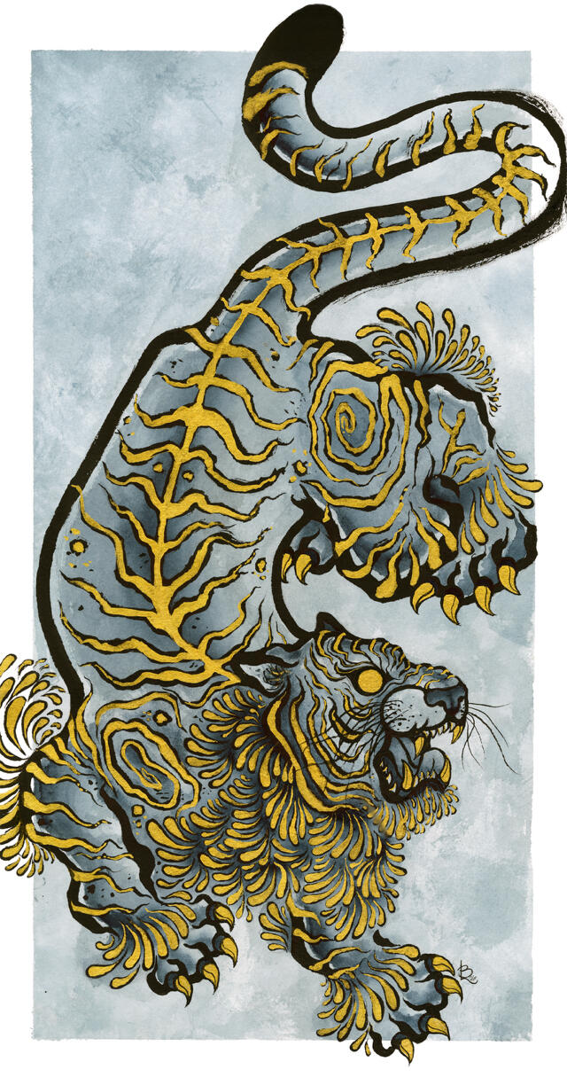 A crouching, roaring tiger painting by Lor Begent in Payne's blueish grey, black ink, and golden stripes and accents. Inspired by the art of Kintsugi and Japanese tattoo art. The background is light, ethereal, and cloud-like.