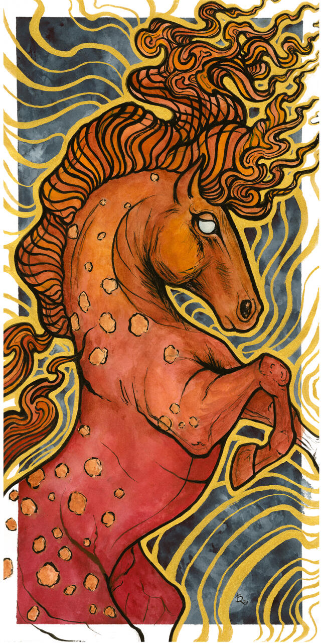 Irezumi-influenced flaming horse painting by Lor Begent with a body gradient from deep reds to mesmerizing oranges, yellows, and gold. The background is a deep blue Payne's grey, with golden waves of movement and power painted in linework around the powerf